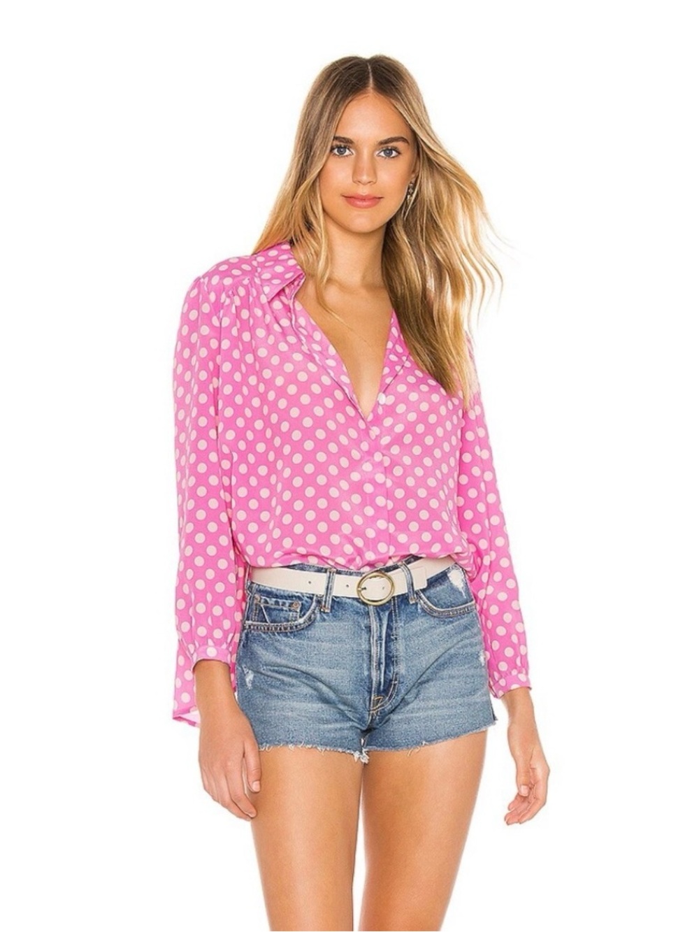 Selkie Oversized Pink Polka Dot Long-Sleeve V-Neck Blouse - NWT - Size XS